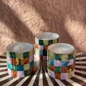 Hand-Painted Artisan Checkerboard Ceramic Candle with Gold Accents