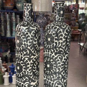 Black and White Moroccan Floral Scroll Ceramic Vases