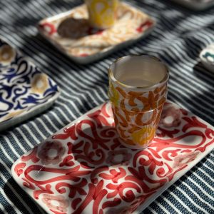 Hand-Painted Moroccan Ceramic Cup and Tray Set -  2 cups / 1plate