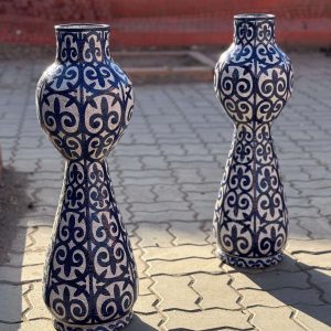 Hand-Painted Moroccan Hourglass Vases - Blue & White Geometric