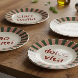 Italian slogan striped ceramic plates set - 4 pieces