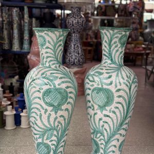 Moroccan Ceramic Flared Vases with Green Pomegranate Motif