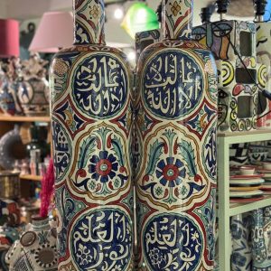 Tall Hand-Painted Moroccan Ceramic Vases with Arabic Calligraphy