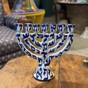 Hand-Painted Ceramic Hanukkah Menorah with Hebrew Calligraphy