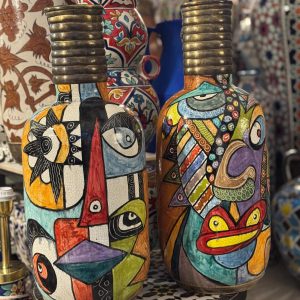 Moroccan Hand-Painted Cubist Face Ceramic Bottle